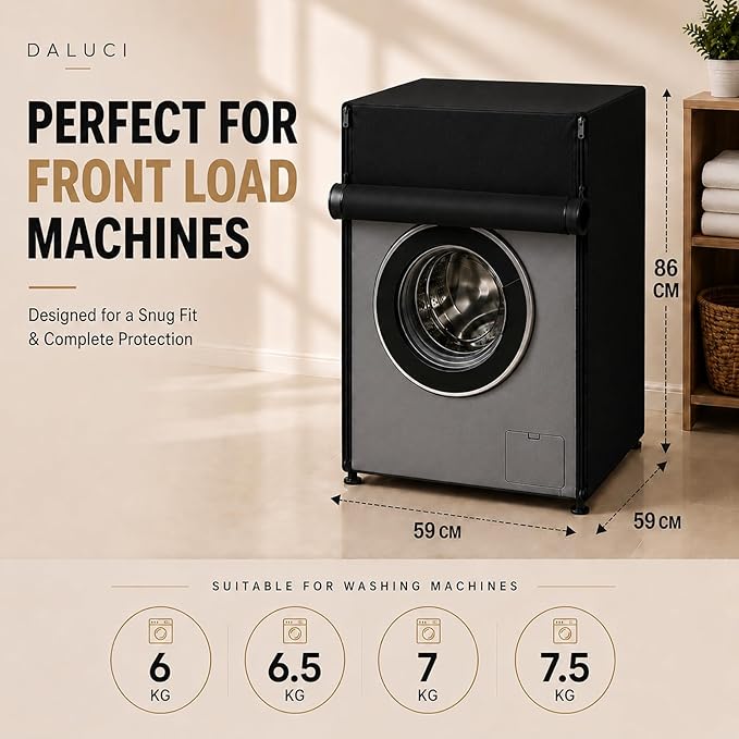 Washing Machine Cover Front Load for 6 Kg, 6.5 Kg, 7 Kg & 7.5 Kg Fully Automatic Machines | Waterproof Dustproof Polyester Protective Cover with Zipper (Black, 59X59X86 CM)