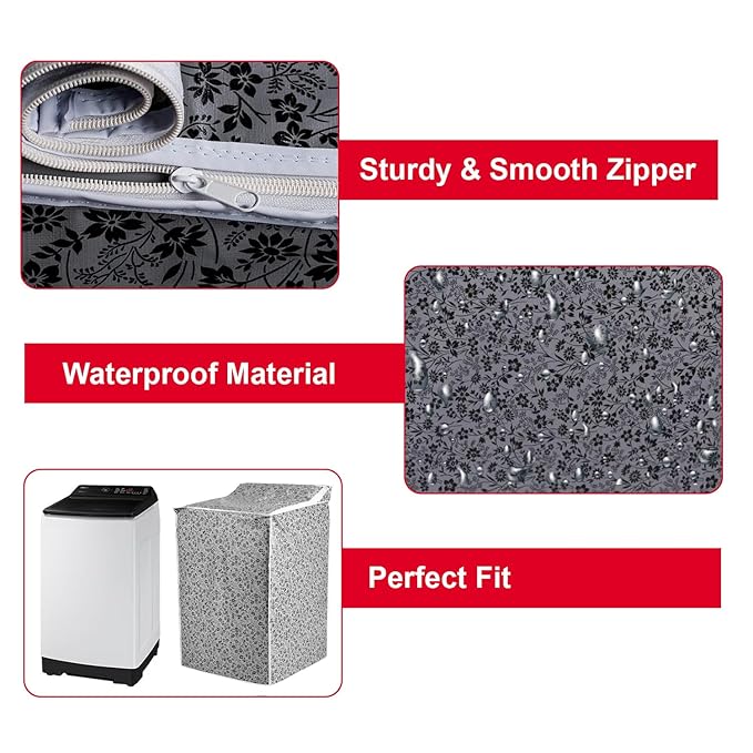 DALUCI Top Load Back Panel Washing Machine Cover for Samsung Fully Automatic 6 to 8 Kg, Waterproof & Dustproof Cover - Fits 6 Kg, 6.2 Kg, 6.5 Kg, 7 Kg, 7.5 Kg, 8 Kg (Black & Grey, 55 x 55 x 92 cm)