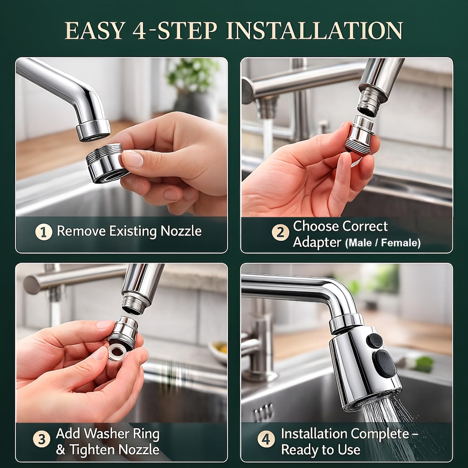 DALUCI Flexible Kitchen Faucet Extender – 360° Rotatable Sink Sprayer with 3 Spray Modes