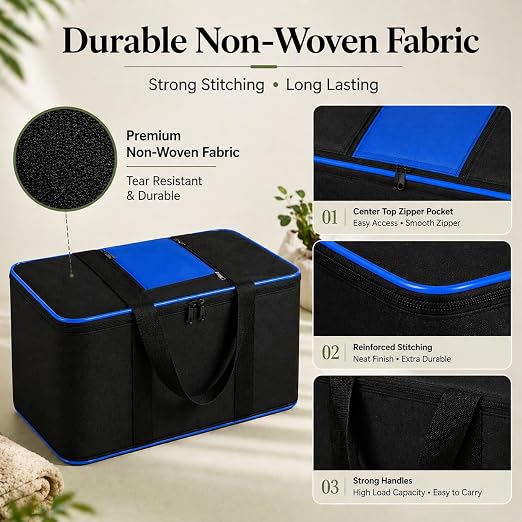DALUCI Underbed Storage Bags for Clothes Pack of 4 Large Moisture Proof Organizer with Zipper Non Woven Foldable Storage Bag for Blanket Saree Wardrobe 54 x 46 x 28 cm (Black & Blue - Large, 4 Pack)