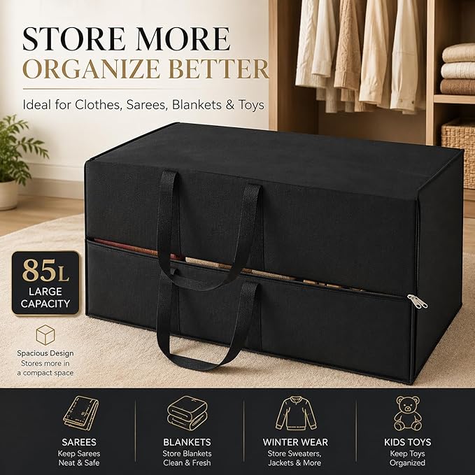 Nylon Wardrobe Storage Bags for Clothes 85 L | Moisture Proof Clothes Organizer with Zipper & Strong Handles | Foldable Blanket Saree Toy Storage Box for Closet & Shelves (Black, Pack of 2)