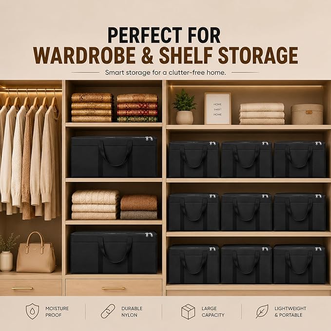 Nylon Wardrobe Storage Bags for Clothes 85 L | Moisture Proof Clothes Organizer with Zipper & Strong Handles | Foldable Blanket Saree Toy Storage Box for Closet & Shelves (Black, Pack of 2)