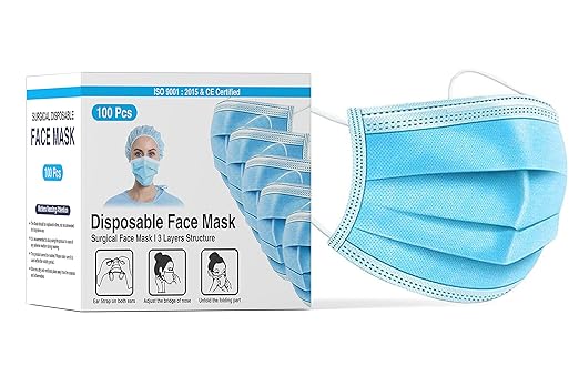 Nonwoven Fabric Disposable 3Ply Surgical Face Mask (Blue, Without Valve, Pack of 100) for Unisex