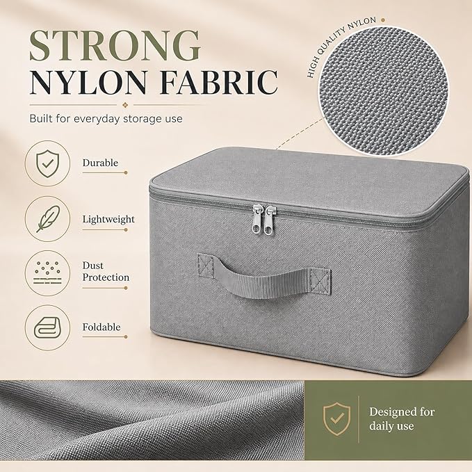 Under Bed Storage Bags for Clothes | Foldable Wardrobe Organizer for Saree, Blanket & Garments | Nylon Moisture Proof Storage Box with Zipper & Strong Handles (Grey, Pack of 2, 37x34x23 cm)