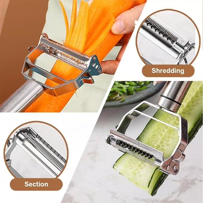 Go Store 2 in 1 Stainless Steel Julienne Vegetable Peeler Multi-Functional Fruit & Veggie Shredder Slicer and Grater for Potatoes, Carrots, Cucumbers (Silver, 18 x 8.2 x 2.3 cm)