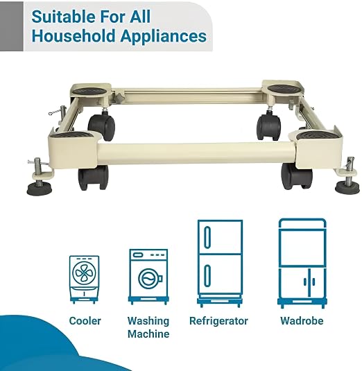 DALUCI Adjustable Washing Machine Stand with Wheels – Heavy Duty Metal Trolley with Anti Vibration Rubber Grips for 6kg, 7kg, 8kg Appliance Base for Top & Front Load Washing Machine, Fridge, Dishwasher, Refrigerator Stand 140 Kg (Light Grey),