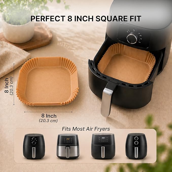 Air Fryer Paper Liners 100 PCS Disposable Air Fryer Liners Parchment Paper Sheets Oil Proof Non Stick Air Fryer Accessories for Frying Baking Cooking Square 8 Inch (Paper (Square), 100 Pcs)