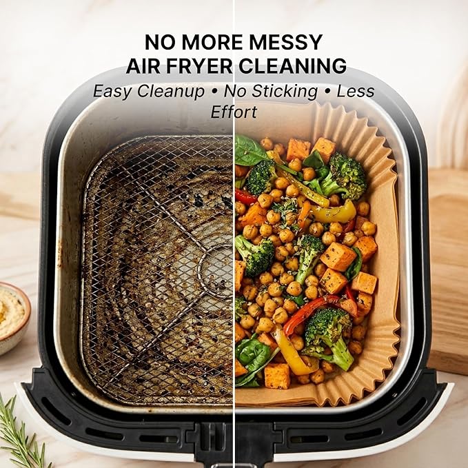 Air Fryer Paper Liners 100 PCS Disposable Air Fryer Liners Parchment Paper Sheets Oil Proof Non Stick Air Fryer Accessories for Frying Baking Cooking Square 8 Inch (Paper (Square), 100 Pcs)