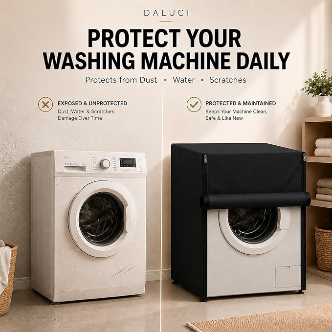 Washing Machine Cover Front Load for 6 Kg, 6.5 Kg, 7 Kg & 7.5 Kg Fully Automatic Machines | Waterproof Dustproof Polyester Protective Cover with Zipper (Black, 59X59X86 CM)
