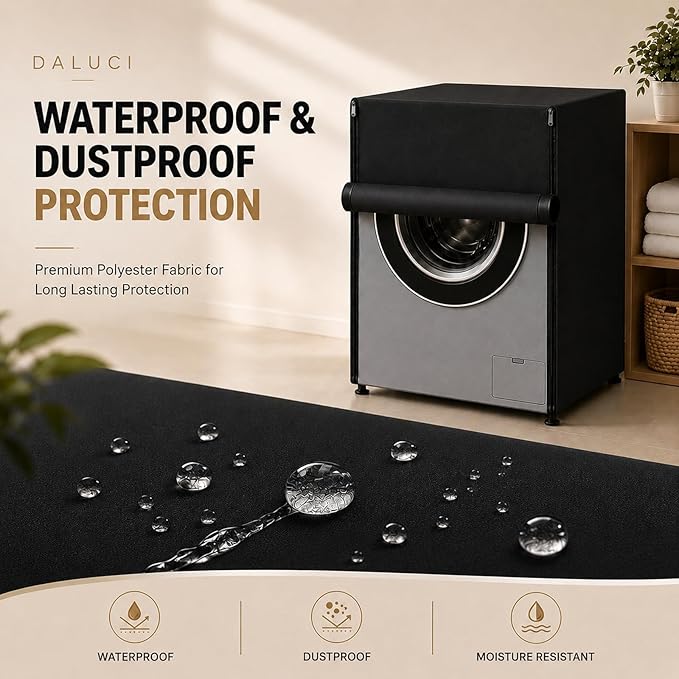 Washing Machine Cover Front Load for 6 Kg, 6.5 Kg, 7 Kg & 7.5 Kg Fully Automatic Machines | Waterproof Dustproof Polyester Protective Cover with Zipper (Black, 59X59X86 CM)