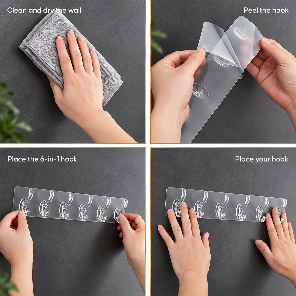 6-in-1 Adhesive Hook Strip - No Drill Multi-Hook Wall Organizer