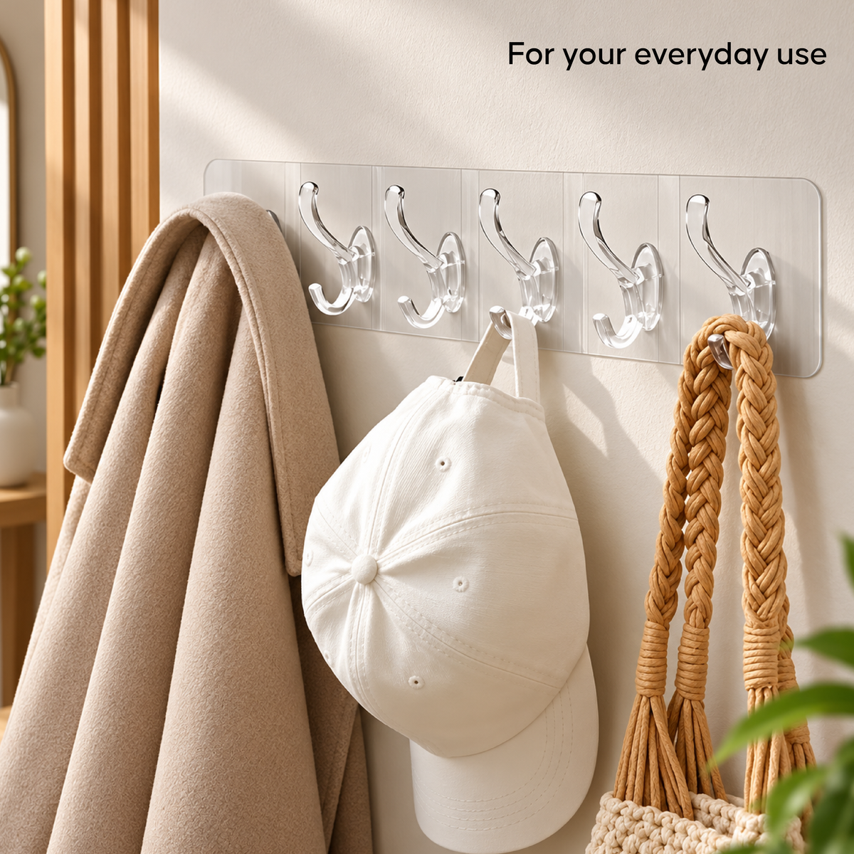 6-in-1 Adhesive Hook Strip - No Drill Multi-Hook Wall Organizer
