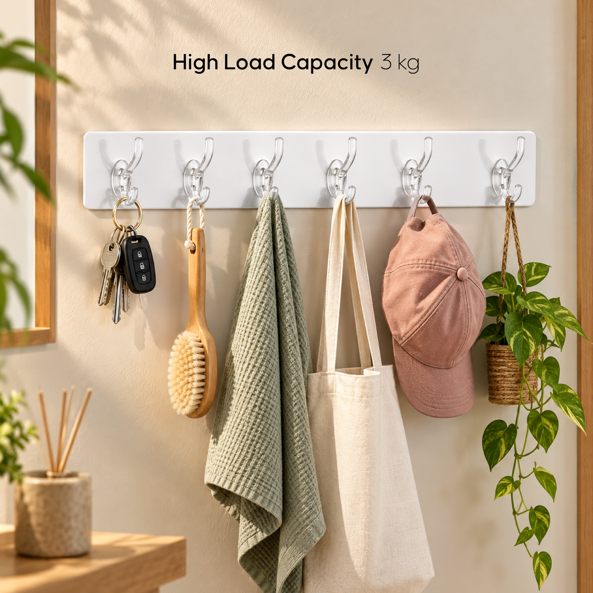 6-in-1 Adhesive Hook Strip - No Drill Multi-Hook Wall Organizer