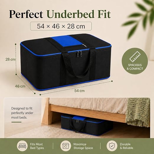 DALUCI Underbed Storage Bags for Clothes Pack of 4 Large Moisture Proof Organizer with Zipper Non Woven Foldable Storage Bag for Blanket Saree Wardrobe 54 x 46 x 28 cm (Black & Blue - Large, 4 Pack)