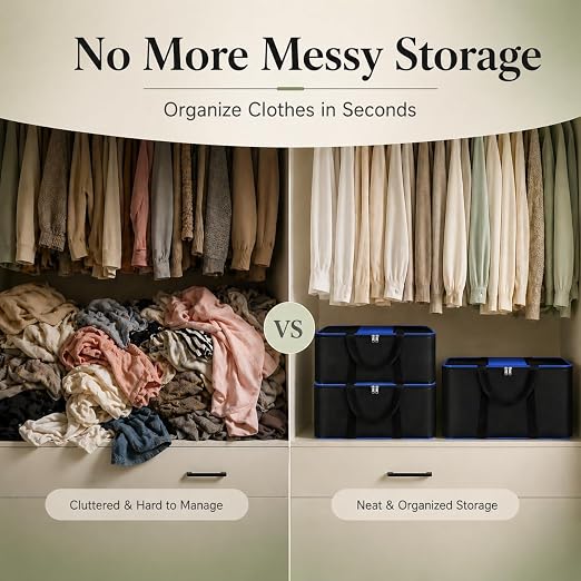 DALUCI Underbed Storage Bags for Clothes Pack of 4 Large Moisture Proof Organizer with Zipper Non Woven Foldable Storage Bag for Blanket Saree Wardrobe 54 x 46 x 28 cm (Black & Blue - Large, 4 Pack)