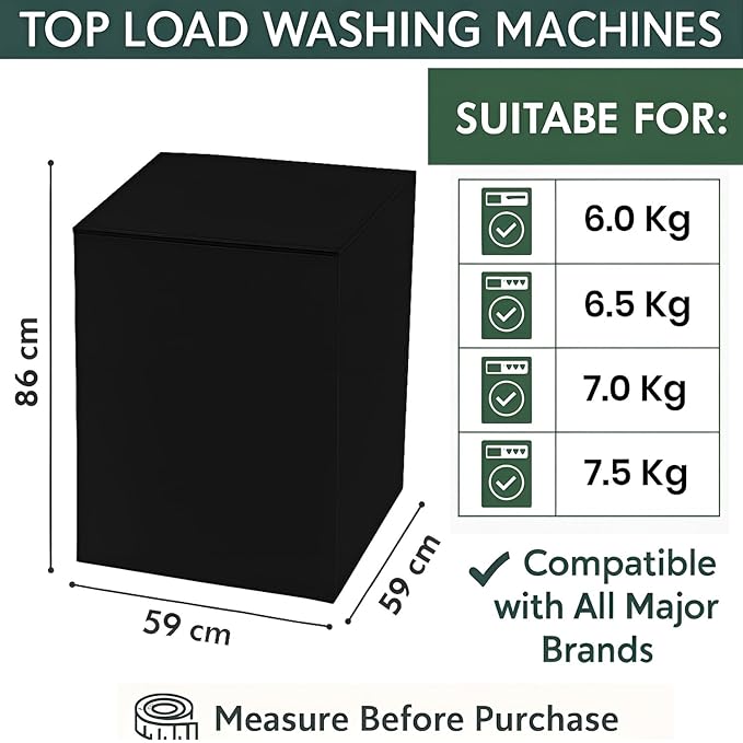 Top Load Fully Automatic Washing Machine Cover for 6 kg, 6.5 kg, 7kg & 7.5 kg | Waterproof & Dustproof Polyester Fabric with Zipper | Protective Cover for Washing Machine (Black, 59X59X86 CM)