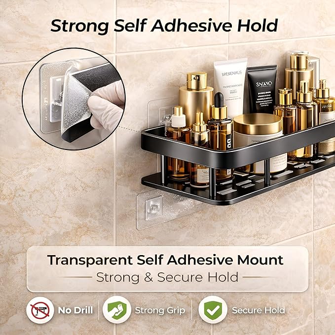 Bathroom Shelf Without Drill for Wall | Self Adhesive Bathroom Organiser | Wall Mounted Bathroom Shelves Rack | Strong Adhesive Storage Organizer Stand (Black, Pack of 2)