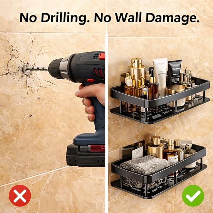 Bathroom Shelf Without Drill for Wall | Self Adhesive Bathroom Organiser | Wall Mounted Bathroom Shelves Rack | Strong Adhesive Storage Organizer Stand (Black, Pack of 2)