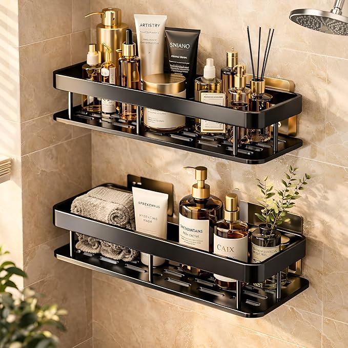 Bathroom Shelf Without Drill for Wall | Self Adhesive Bathroom Organiser | Wall Mounted Bathroom Shelves Rack | Strong Adhesive Storage Organizer Stand (Black, Pack of 2)