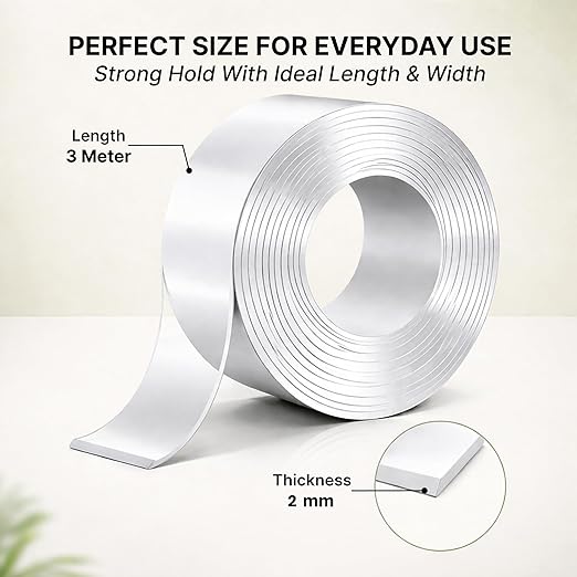 Double Sided Tape Heavy Duty for Wall Strong Adhesive Nano Tape Multipurpose Mounting Tape Removable Washable Reusable Transparent Gel Grip (Transparent, 2mm x 3m)
