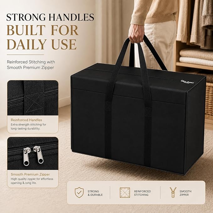 Nylon Wardrobe Storage Bags for Clothes 85 L | Moisture Proof Clothes Organizer with Zipper & Strong Handles | Foldable Blanket Saree Toy Storage Box for Closet & Shelves (Black, Pack of 2)