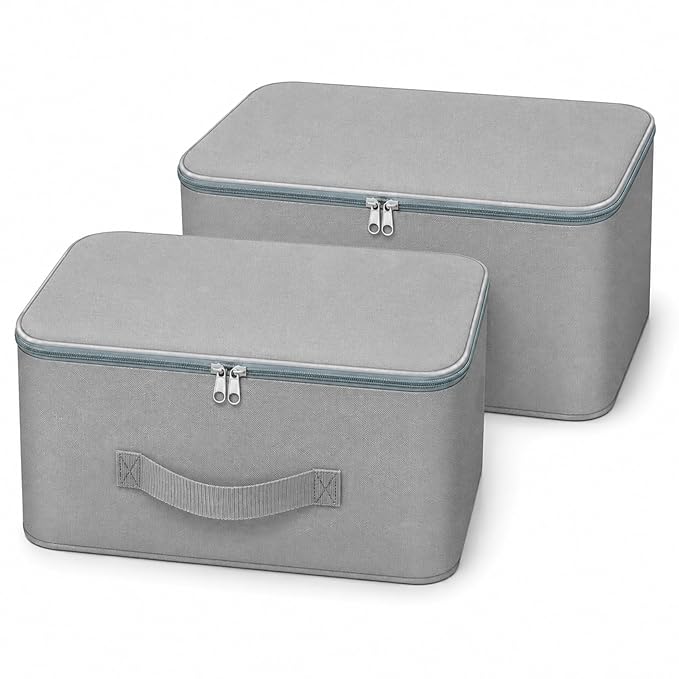 Under Bed Storage Bags for Clothes | Foldable Wardrobe Organizer for Saree, Blanket & Garments | Nylon Moisture Proof Storage Box with Zipper & Strong Handles (Grey, Pack of 2, 37x34x23 cm)