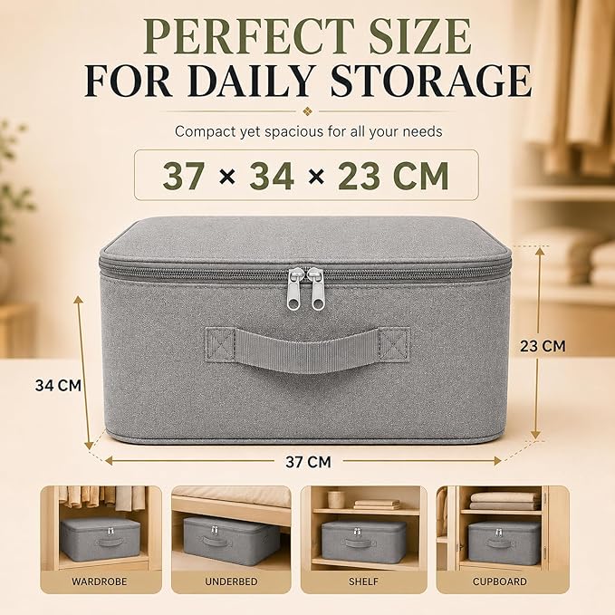 Under Bed Storage Bags for Clothes | Foldable Wardrobe Organizer for Saree, Blanket & Garments | Nylon Moisture Proof Storage Box with Zipper & Strong Handles (Grey, Pack of 2, 37x34x23 cm)