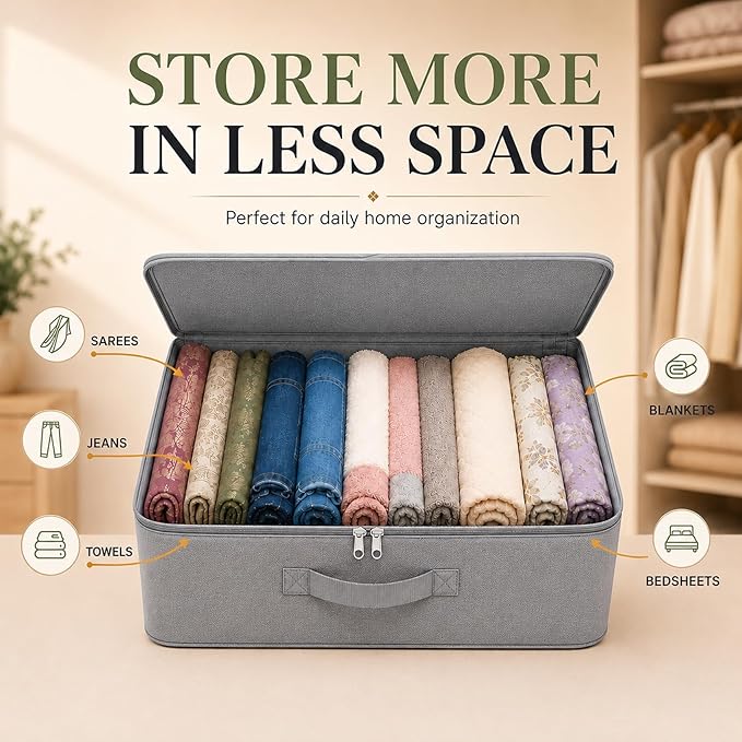 Under Bed Storage Bags for Clothes | Foldable Wardrobe Organizer for Saree, Blanket & Garments | Nylon Moisture Proof Storage Box with Zipper & Strong Handles (Grey, Pack of 2, 37x34x23 cm)