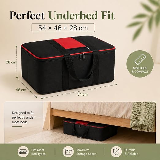 DALUCI Underbed Storage Bags for Clothes Pack of 4 Large Moisture Proof Organizer with Zipper Non Woven Foldable Storage Bag for Blanket Saree Wardrobe 54 x 46 x 28 cm (Black & Red - Large, 4 Pack)