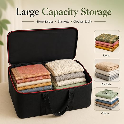 DALUCI Underbed Storage Bags for Clothes Pack of 4 Large Moisture Proof Organizer with Zipper Non Woven Foldable Storage Bag for Blanket Saree Wardrobe 54 x 46 x 28 cm (Black & Red - Large, 4 Pack)