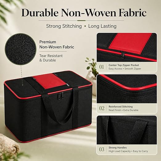 DALUCI Underbed Storage Bags for Clothes Pack of 4 Large Moisture Proof Organizer with Zipper Non Woven Foldable Storage Bag for Blanket Saree Wardrobe 54 x 46 x 28 cm (Black & Red - Large, 4 Pack)