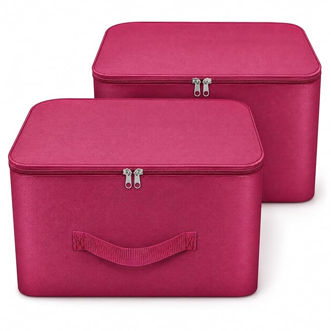 Under Bed Storage Bags for Clothes | Foldable Wardrobe Organizer for Saree, Blanket & Garments | Moisture Proof Storage Box with Zipper & Strong Handles (Magenta, Pack of 2, 37x34x23 cm)