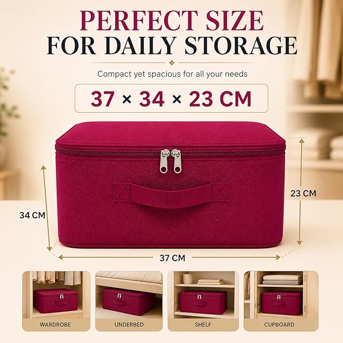 Under Bed Storage Bags for Clothes | Foldable Wardrobe Organizer for Saree, Blanket & Garments | Moisture Proof Storage Box with Zipper & Strong Handles (Magenta, Pack of 2, 37x34x23 cm)