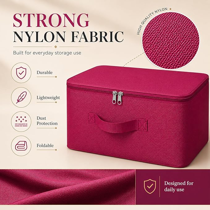 Under Bed Storage Bags for Clothes | Foldable Wardrobe Organizer for Saree, Blanket & Garments | Moisture Proof Storage Box with Zipper & Strong Handles (Magenta, Pack of 2, 37x34x23 cm)