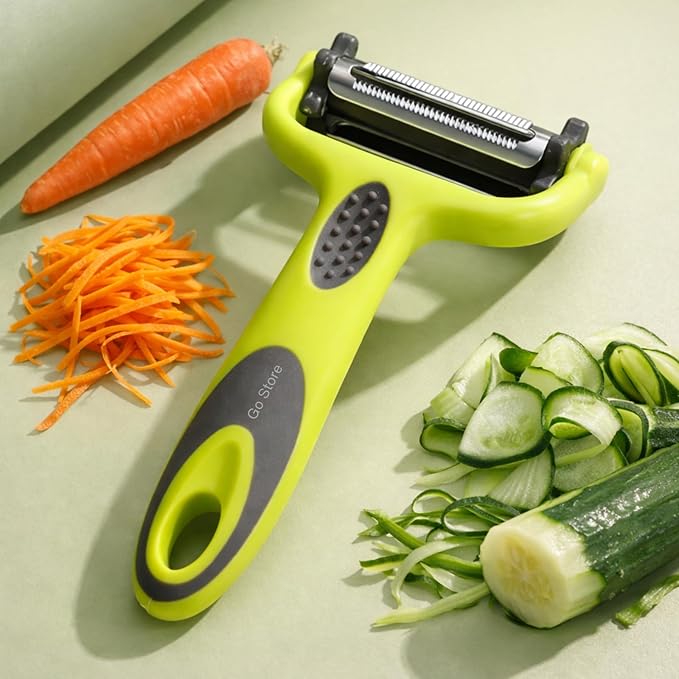 Go Store 2 in 1 Stainless Steel Julienne Vegetable Peeler Multi-Functional Fruit & Veggie Shredder Slicer and Grater for Potatoes, Carrots, Cucumbers (Silver, 18 x 8.2 x 2.3 cm)