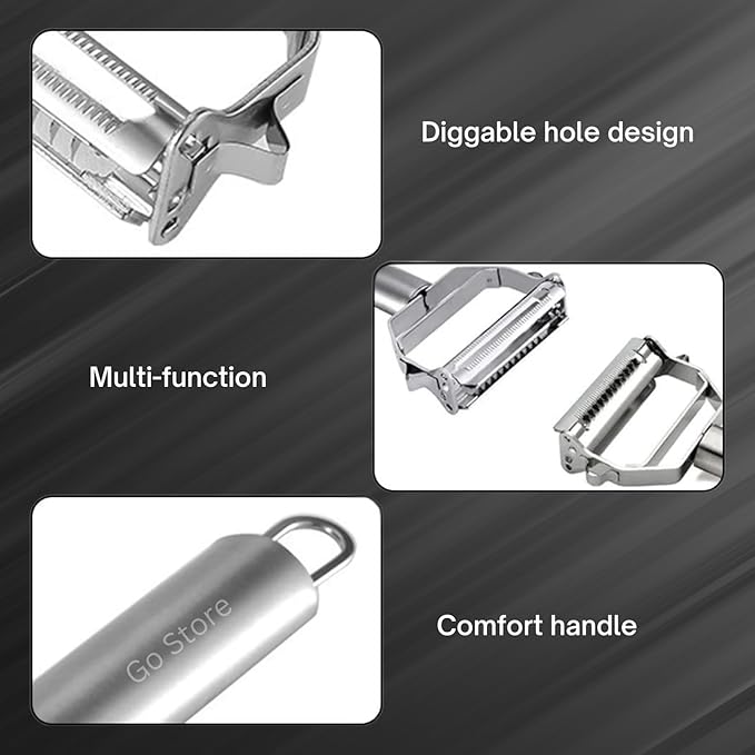 Go Store 2 in 1 Stainless Steel Julienne Vegetable Peeler Multi-Functional Fruit & Veggie Shredder Slicer and Grater for Potatoes, Carrots, Cucumbers (Silver, 18 x 8.2 x 2.3 cm)