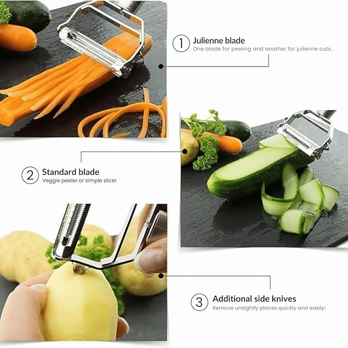 Go Store 2 in 1 Stainless Steel Julienne Vegetable Peeler Multi-Functional Fruit & Veggie Shredder Slicer and Grater for Potatoes, Carrots, Cucumbers (Silver, 18 x 8.2 x 2.3 cm)