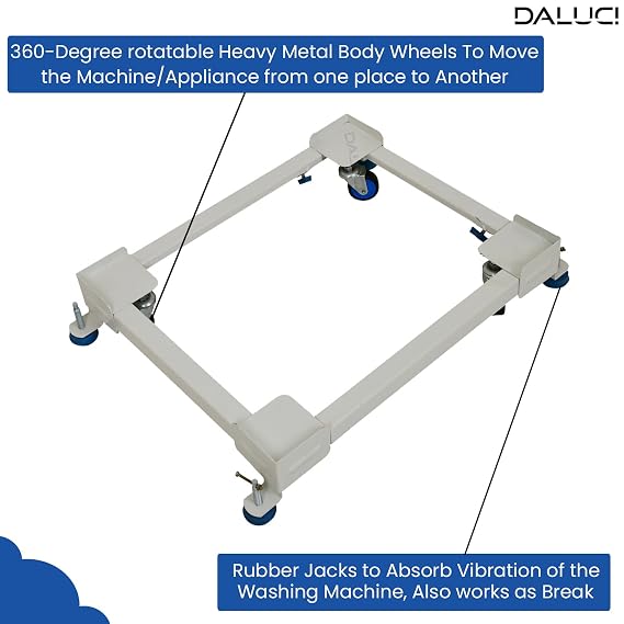 DALUCI Adjustable Washing Machine Stand with Wheels – Heavy Duty Metal Trolley for 6kg, 7kg, 8kg Appliance Base for Top & Front Load Washing Machine, Fridge, Dishwasher | Stands Upto 170Kg (White)