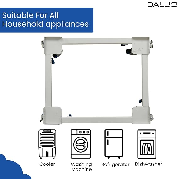 DALUCI Adjustable Washing Machine Stand with Wheels – Heavy Duty Metal Trolley for 6kg, 7kg, 8kg Appliance Base for Top & Front Load Washing Machine, Fridge, Dishwasher | Stands Upto 170Kg (White)