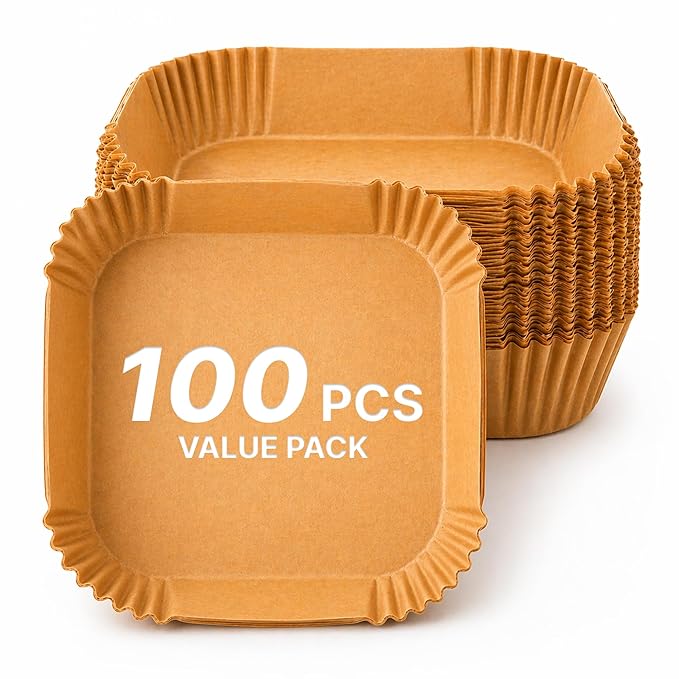 Air Fryer Paper Liners 100 PCS Disposable Air Fryer Liners Parchment Paper Sheets Oil Proof Non Stick Air Fryer Accessories for Frying Baking Cooking Square 8 Inch (Paper (Square), 100 Pcs)
