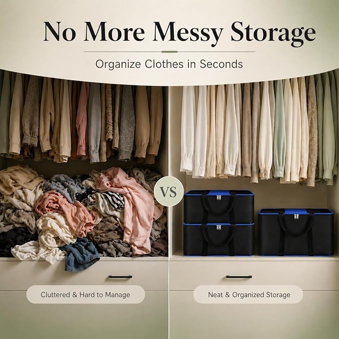 Underbed Storage Bags for Clothes Pack of 2 Large Moisture Proof Organizer with Zipper Non Woven Foldable Storage Bag for Blanket Saree Wardrobe 54 x 46 x 28 cm (Black & Blue - Large, 2 Pack)