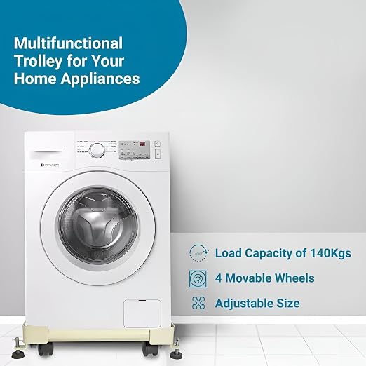 DALUCI Adjustable Washing Machine Stand with Wheels – Heavy Duty Metal Trolley with Anti Vibration Rubber Grips for 6kg, 7kg, 8kg Appliance Base for Top & Front Load Washing Machine, Fridge, Dishwasher, Refrigerator Stand 140 Kg (Light Grey),
