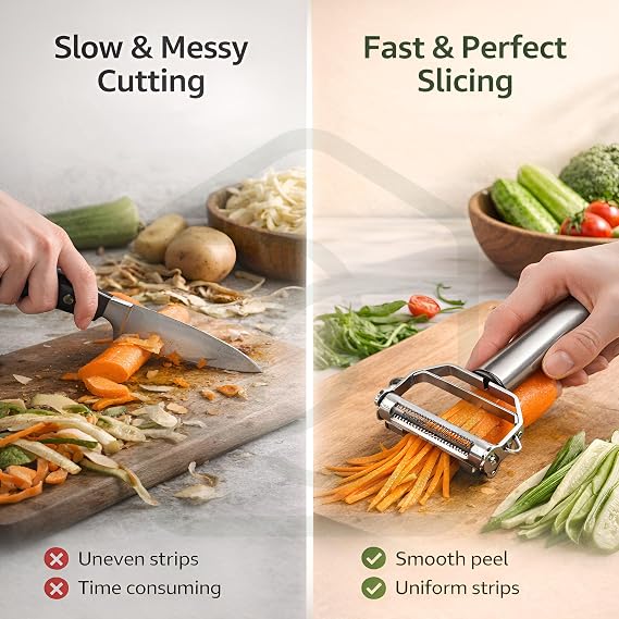 DALUCI 2 in 1 Julienne Peeler Stainless Steel Vegetable Peeler & Slicer | Fruit & Vegetable Cutter Shredder and Grater for Potato Carrot Cucumber | Kitchen Peeler Tool (Silver)