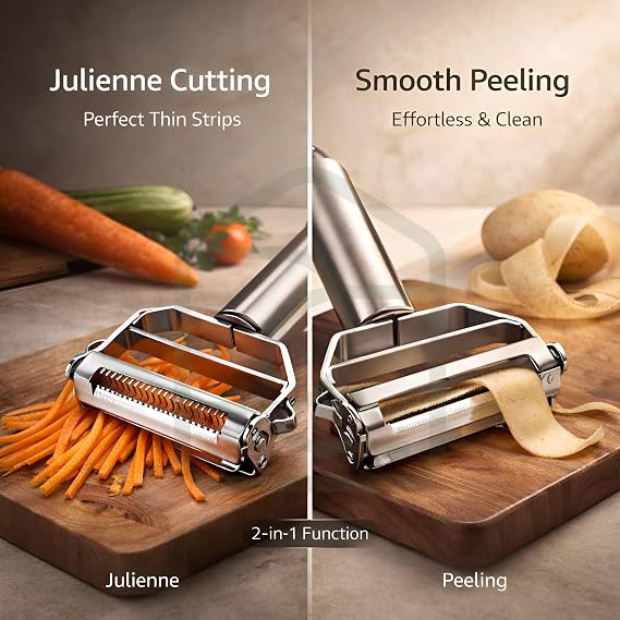 DALUCI 2 in 1 Julienne Peeler Stainless Steel Vegetable Peeler & Slicer | Fruit & Vegetable Cutter Shredder and Grater for Potato Carrot Cucumber | Kitchen Peeler Tool (Silver)
