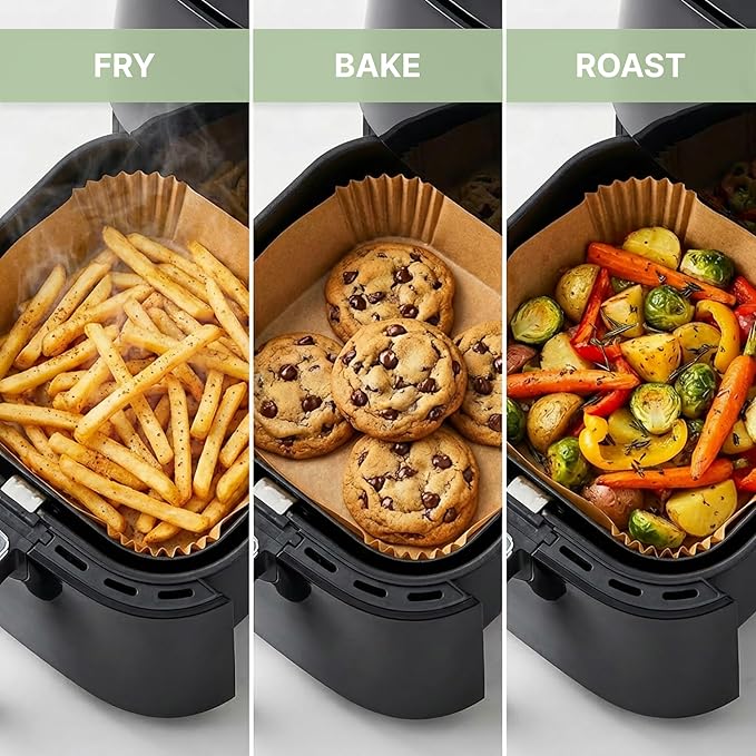Air Fryer Paper Liners 100 PCS Disposable Air Fryer Liners Parchment Paper Sheets Oil Proof Non Stick Air Fryer Accessories for Frying Baking Cooking Square 8 Inch (Paper (Square), 100 Pcs)