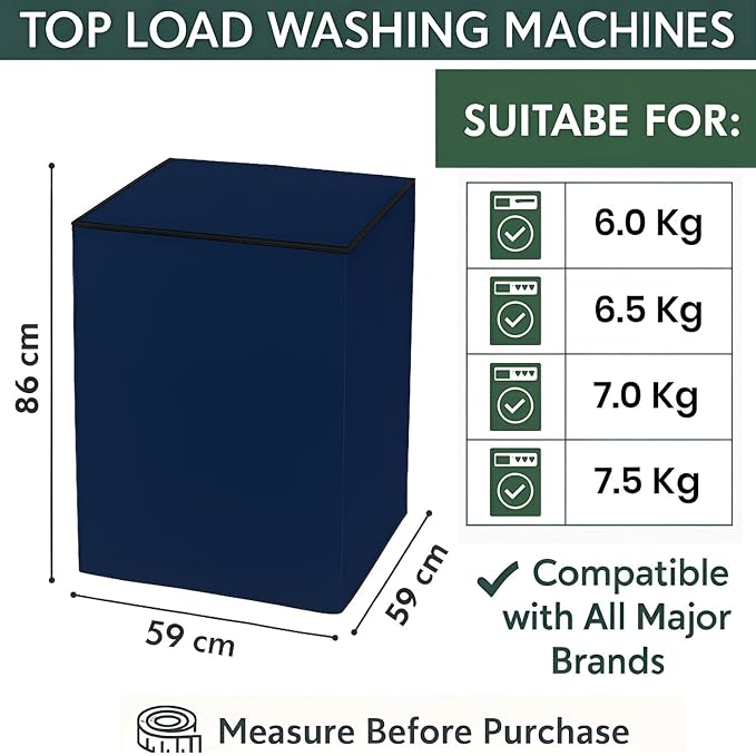 Top Load Fully Automatic Washing Machine Cover for 6 kg, 6.5 kg, 7kg & 7.5 kg | Waterproof & Dustproof Polyester Fabric with Zipper | Protective Cover for Washing Machine (Blue, 59X59X86 CM)