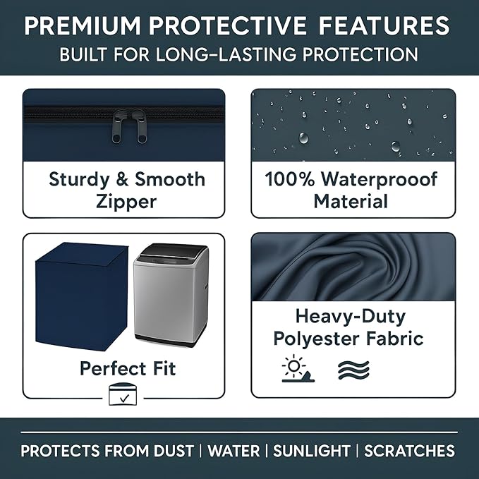 Top Load Fully Automatic Washing Machine Cover for 6 kg, 6.5 kg, 7kg & 7.5 kg | Waterproof & Dustproof Polyester Fabric with Zipper | Protective Cover for Washing Machine (Blue, 59X59X86 CM)