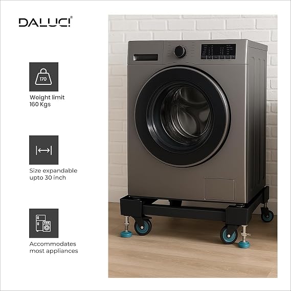 DALUCI Adjustable Washing Machine Stand with Wheels – Heavy Duty Metal Trolley with Anti Vibration Rubber Grips for 6kg, 7kg, 8kg Appliance Base for Top & Front Load Washing Machine, Fridge, Dishwasher, Refrigerator Stand.