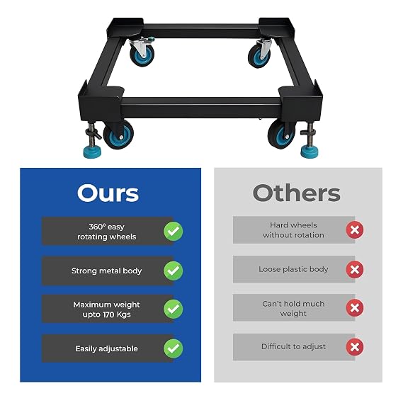 DALUCI Adjustable Washing Machine Stand with Wheels – Heavy Duty Metal Trolley with Anti Vibration Rubber Grips for 6kg, 7kg, 8kg Appliance Base for Top & Front Load Washing Machine, Fridge, Dishwasher, Refrigerator Stand.