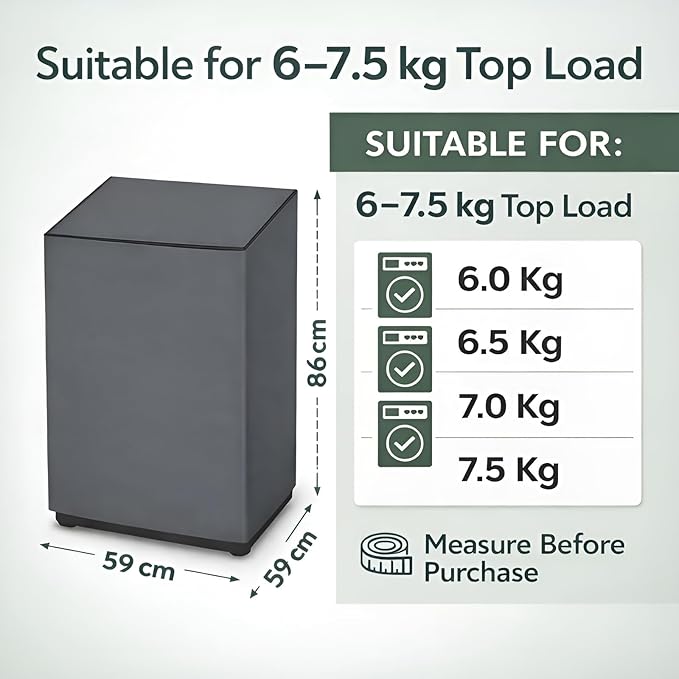Top Load Fully Automatic Washing Machine Cover for 6 kg, 6.5 kg, 7kg & 7.5 kg | Waterproof & Dustproof Polyester Fabric with Zipper | Protective Cover for Washing Machine (Grey, 59X59X86 CM)